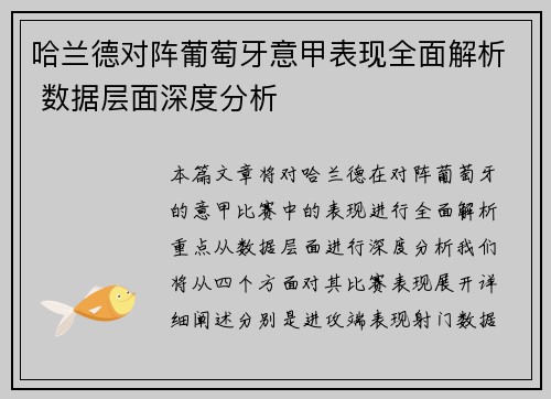 哈兰德对阵葡萄牙意甲表现全面解析 数据层面深度分析 哈兰德对阵葡萄牙意甲表现全面解析 数据层面深度分析
